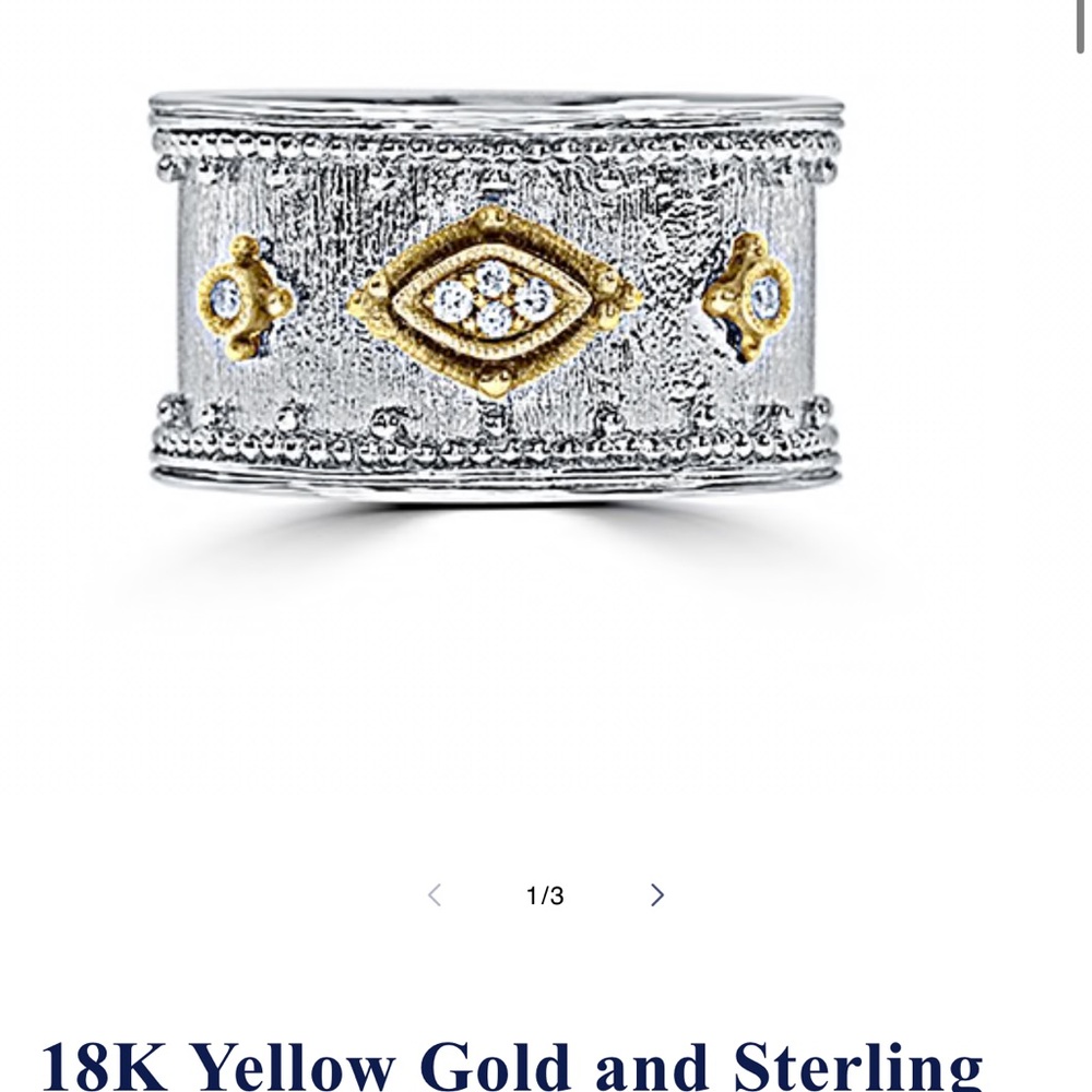 18K Yellow Gold & Sterling Silver Wide Textured Band Ring with Diamond Accents